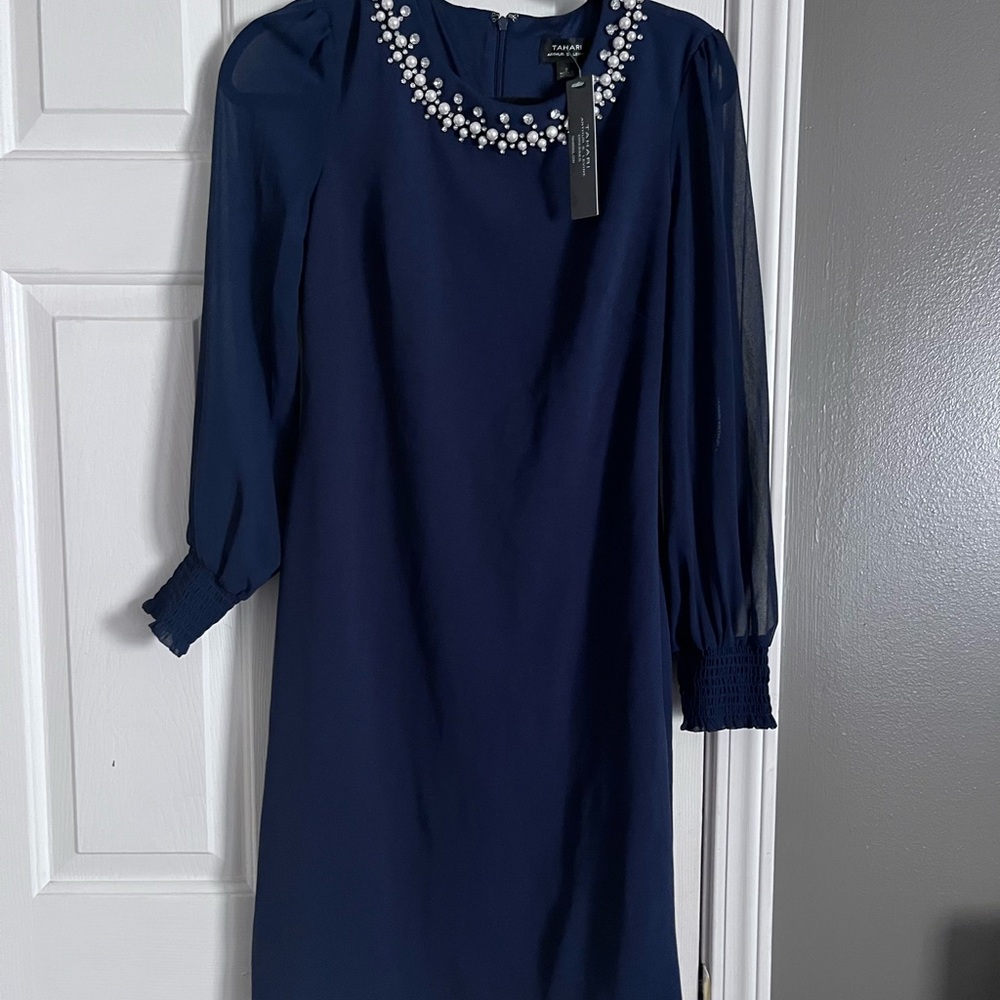 Tahari Blue Sheath Dress with Bishop Sleeves and Crew Neck